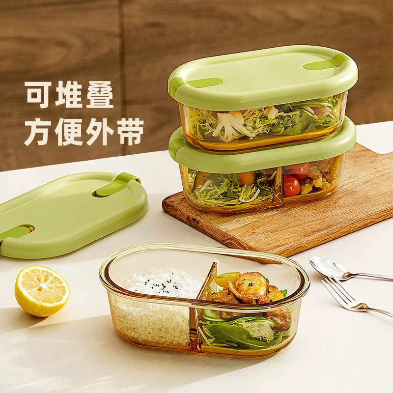 Glass lunch box, microwave-safe, student and office worker meal container, fresh-keeping box, partitioned sealed bento bowl