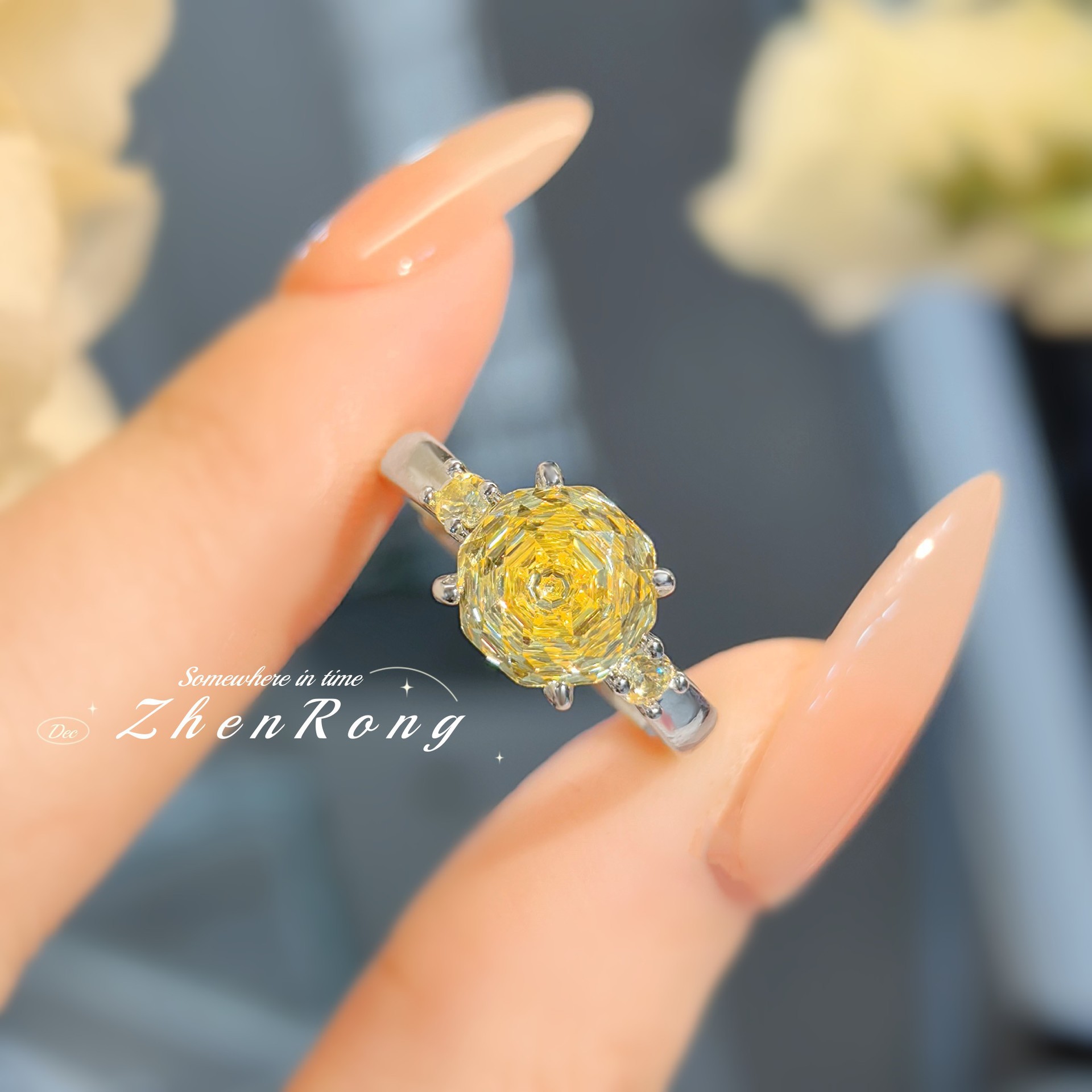 Octagonal millennium rose cut炫彩 necklace pendant inlaid with high carbon diamond Chinese red earrings color gem pink diamond ring women