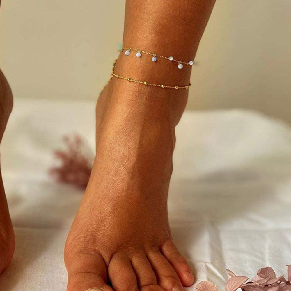 Japanese and Korean exquisite versatile zircon crystal tassel pendant bead chain, double-layer sexy beach anklet
