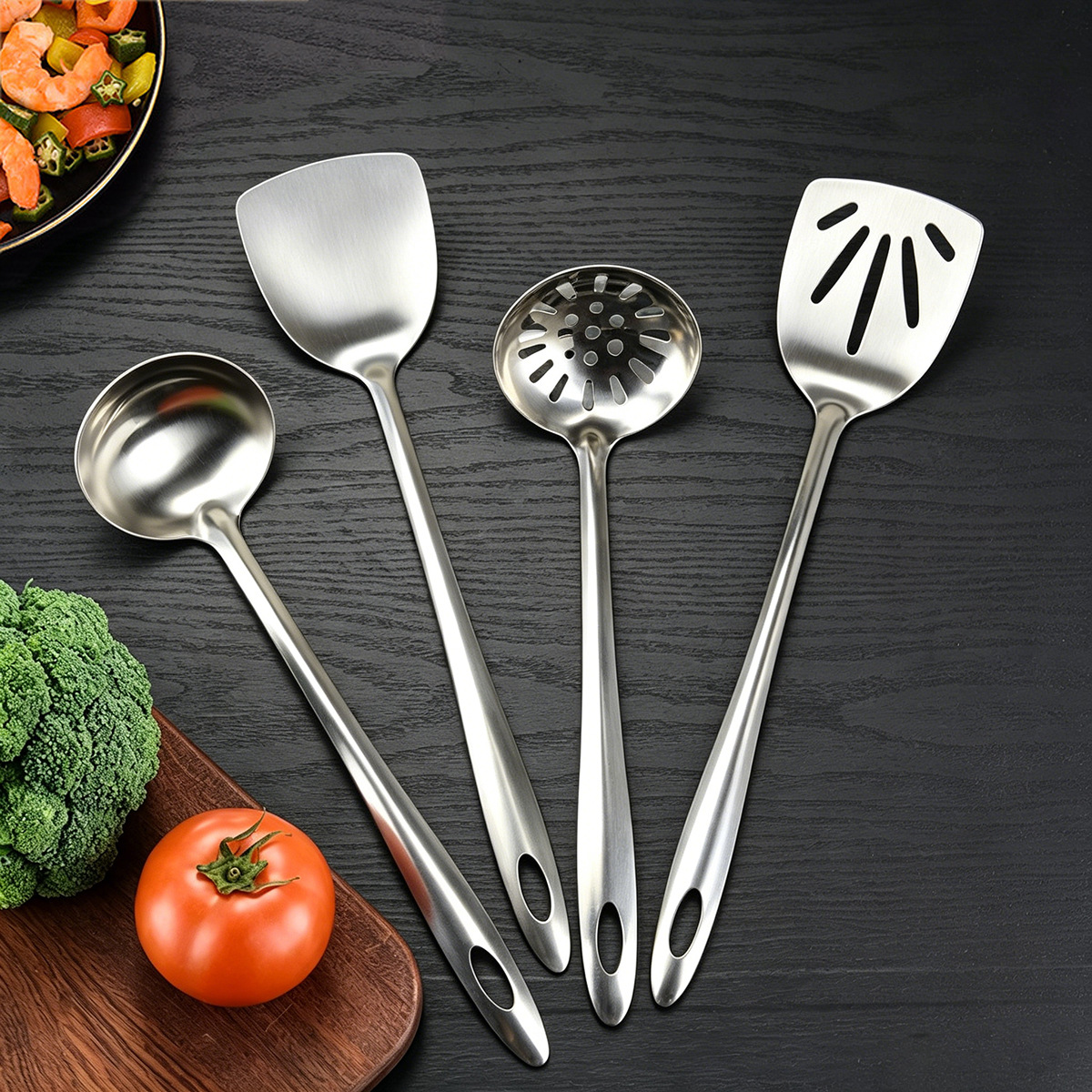 Stainless steel soup spoon slotted spoon thickened soup spoon soup ladle restaurant long-handled hot pot spoon cooking spatula slotted spatula set