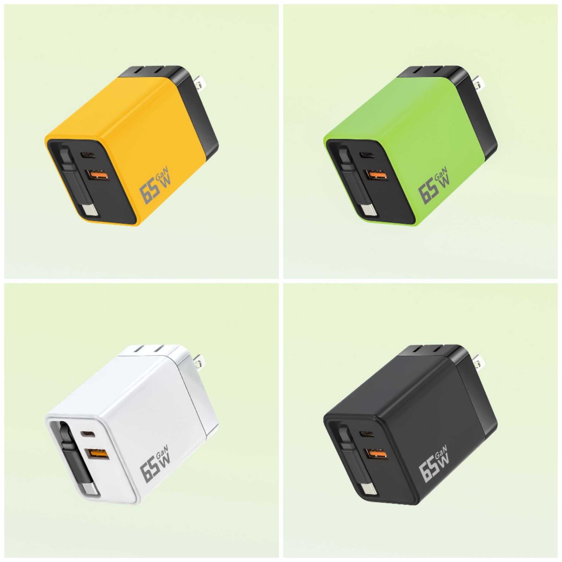 65W GaN retractable cable charger 3C certified dual port fast charger small batch