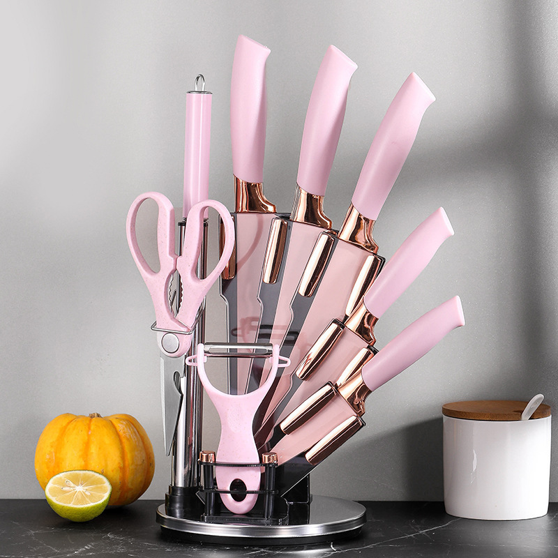 New kitchen knife set 9-piece stainless steel electroplated head with rotating acrylic knife holder ready