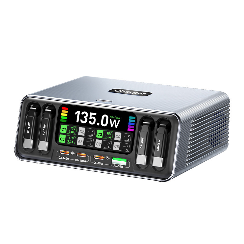 New Retractable Cable Charger Multi-Port Digital Display Charger for Tablets Phones and Laptops Multi-Port Charging Station