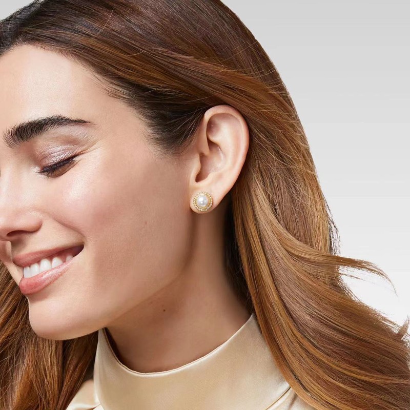 Accessories JV matte gold round diamond inlaid artificial pearl simple ear studs 925 silver pin