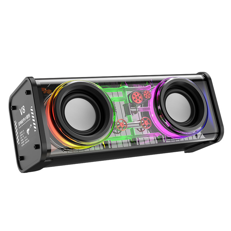 V8 Transparent Mecha Dual Sound Small Steel Cannon Audio Wireless Bluetooth Speaker Colorful Lighting Support TWS