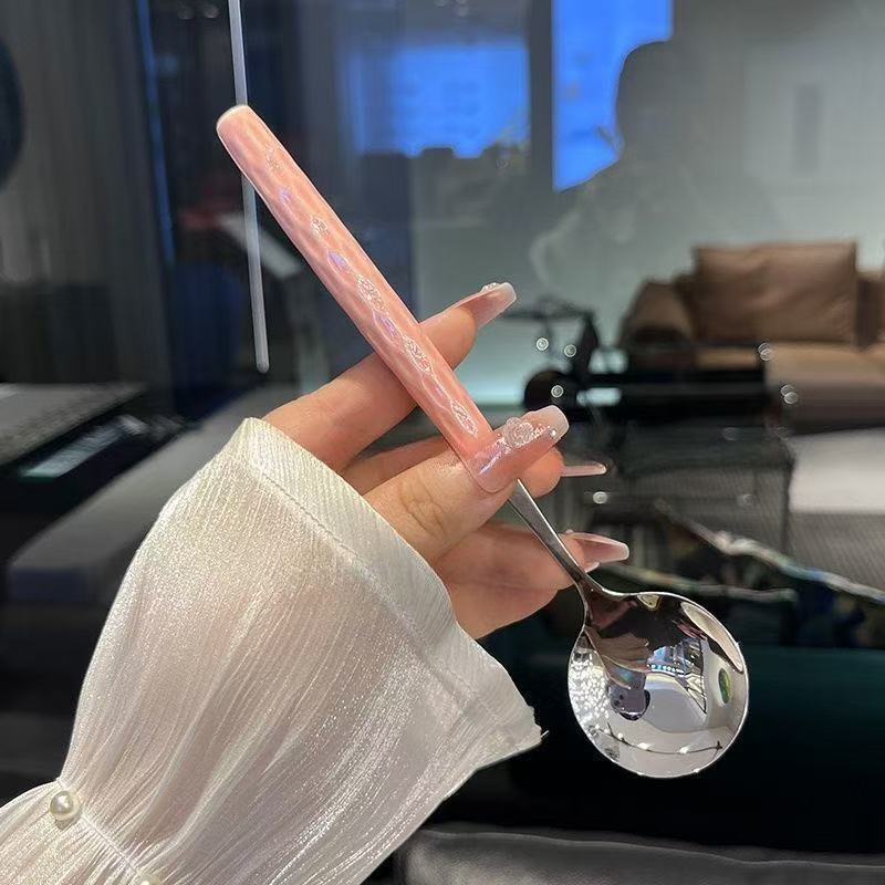 Stainless Steel Spoon Household Soup Spoon Girl Household Plastic Handle Round Spoon Fruit Yogurt Spoon