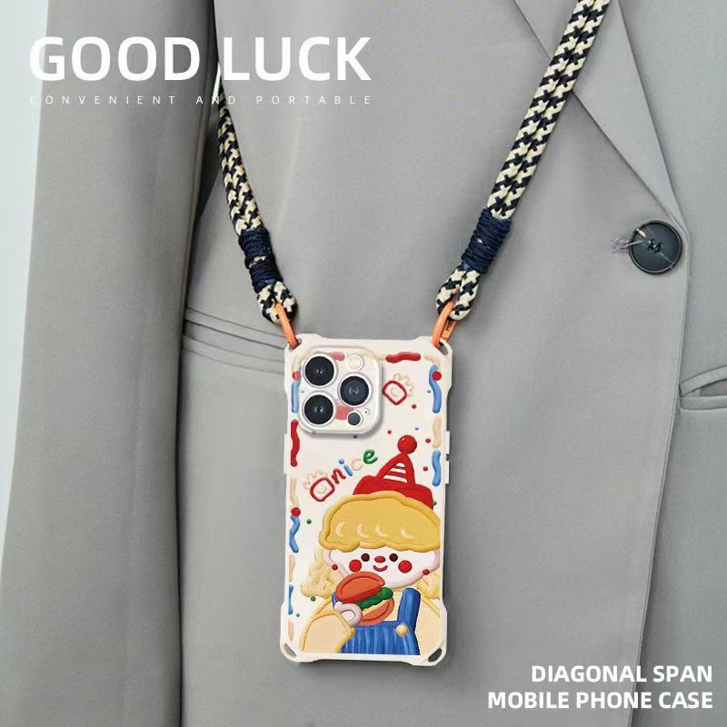 Hamburger girl compatible Apple 15 Pro Max diagonal phone case iPhone 14 anti-drop 13 wrist strap 12/11 soft x