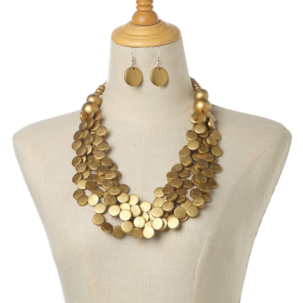 Ethnic style irregular wooden pieces bead multi-layer necklace and earring set sweater chain banquet accessories necklace