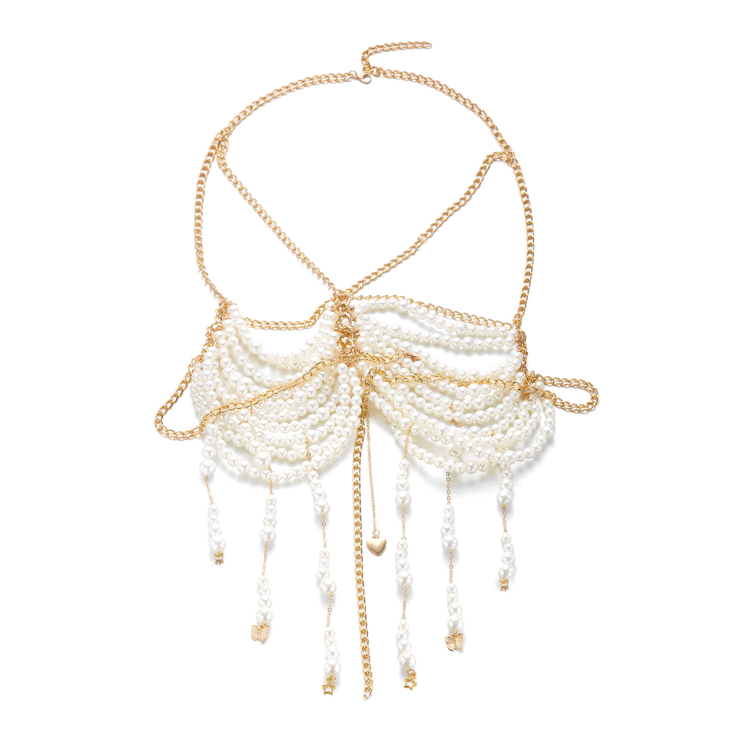 Pearl Beaded Chest Chain Tassel Halter Top Body Chain Bikini Beach Accessories