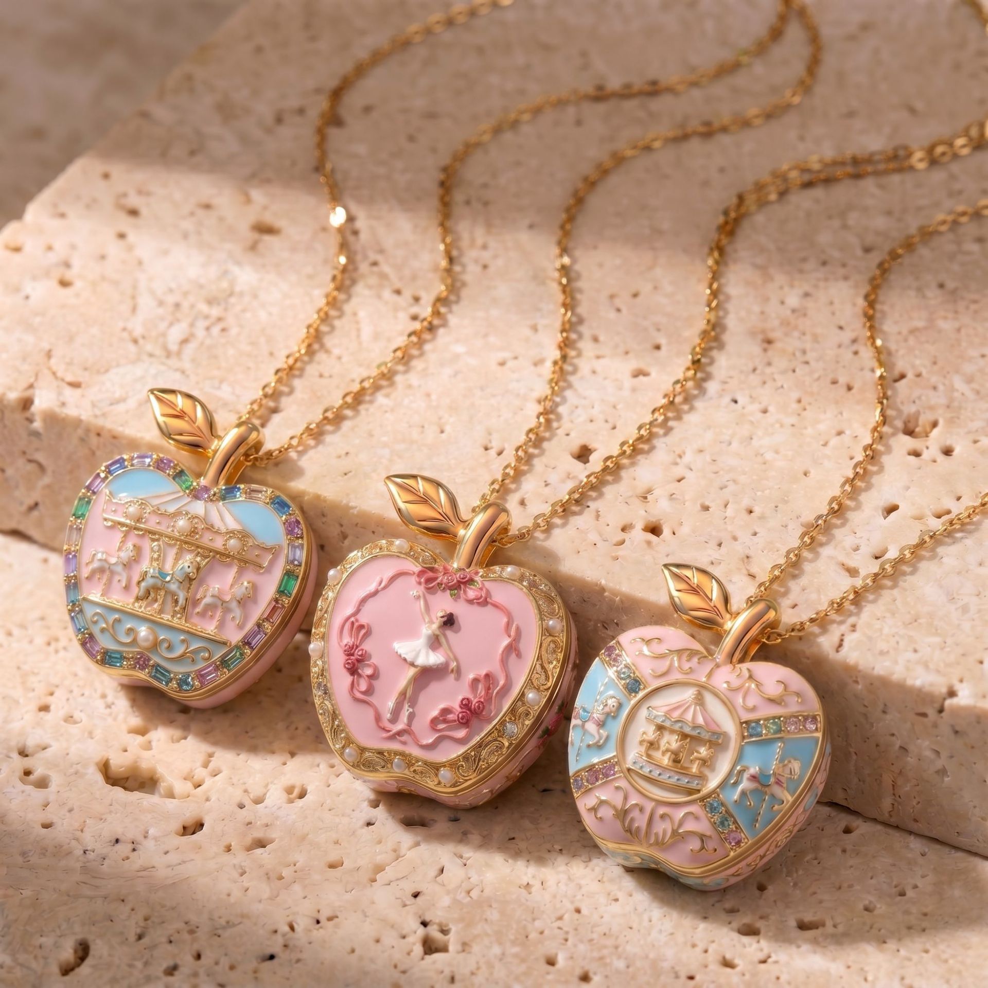 Pink-gold apple openable photo frame necklace, cute ballet style for girls, niche popular gift necklace