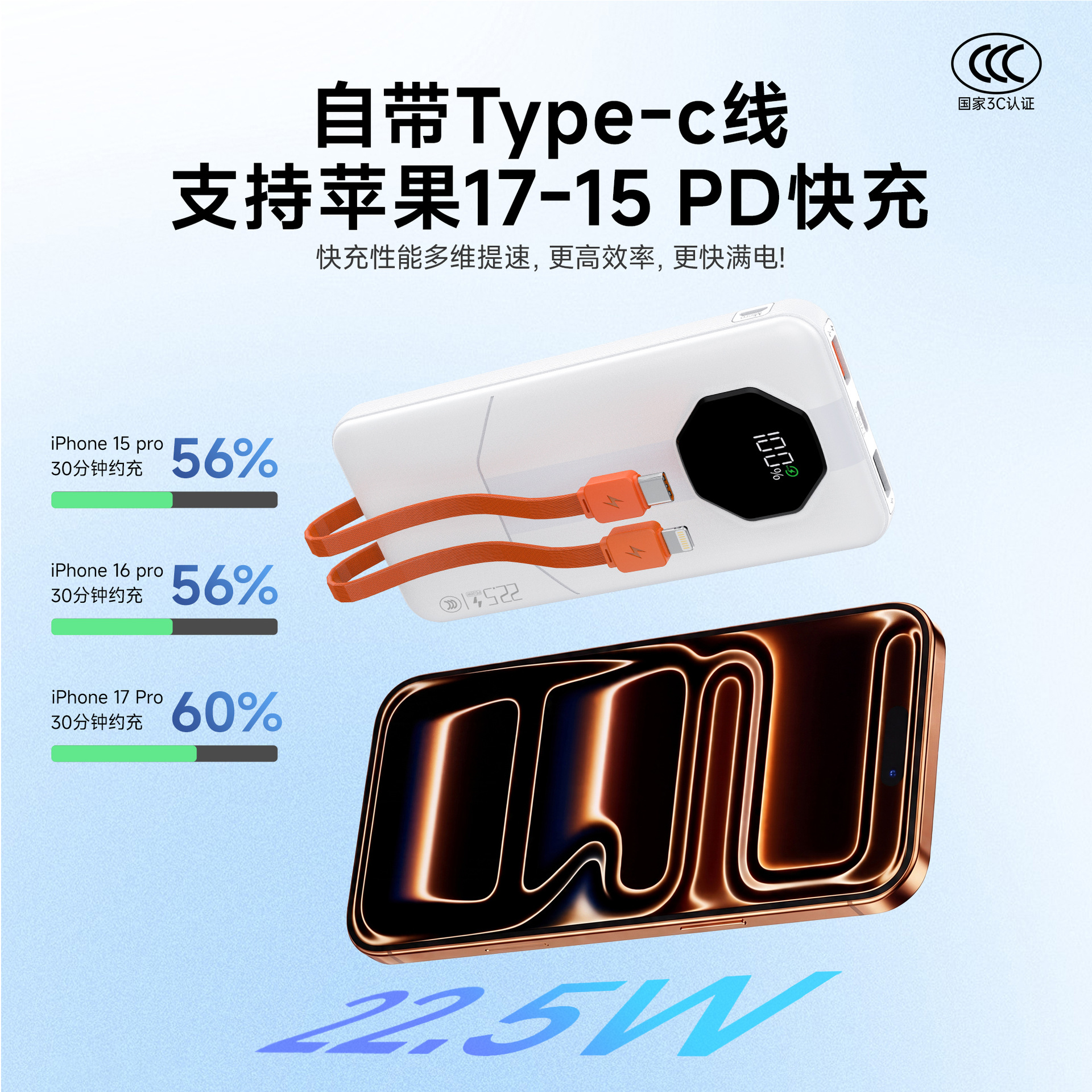 Power bank 3c certified cable 22.5w Huawei fast charging Apple PD fast charging 10000mAh mobile power supply