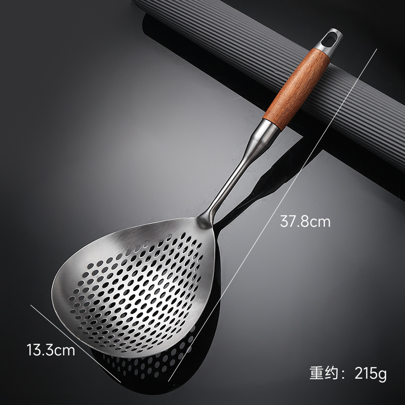 304 stainless steel large strainer for kitchen, noodle and dumpling scoop, wooden handle, pepper scoop, deep-fried, thickened long handle deep-fried large