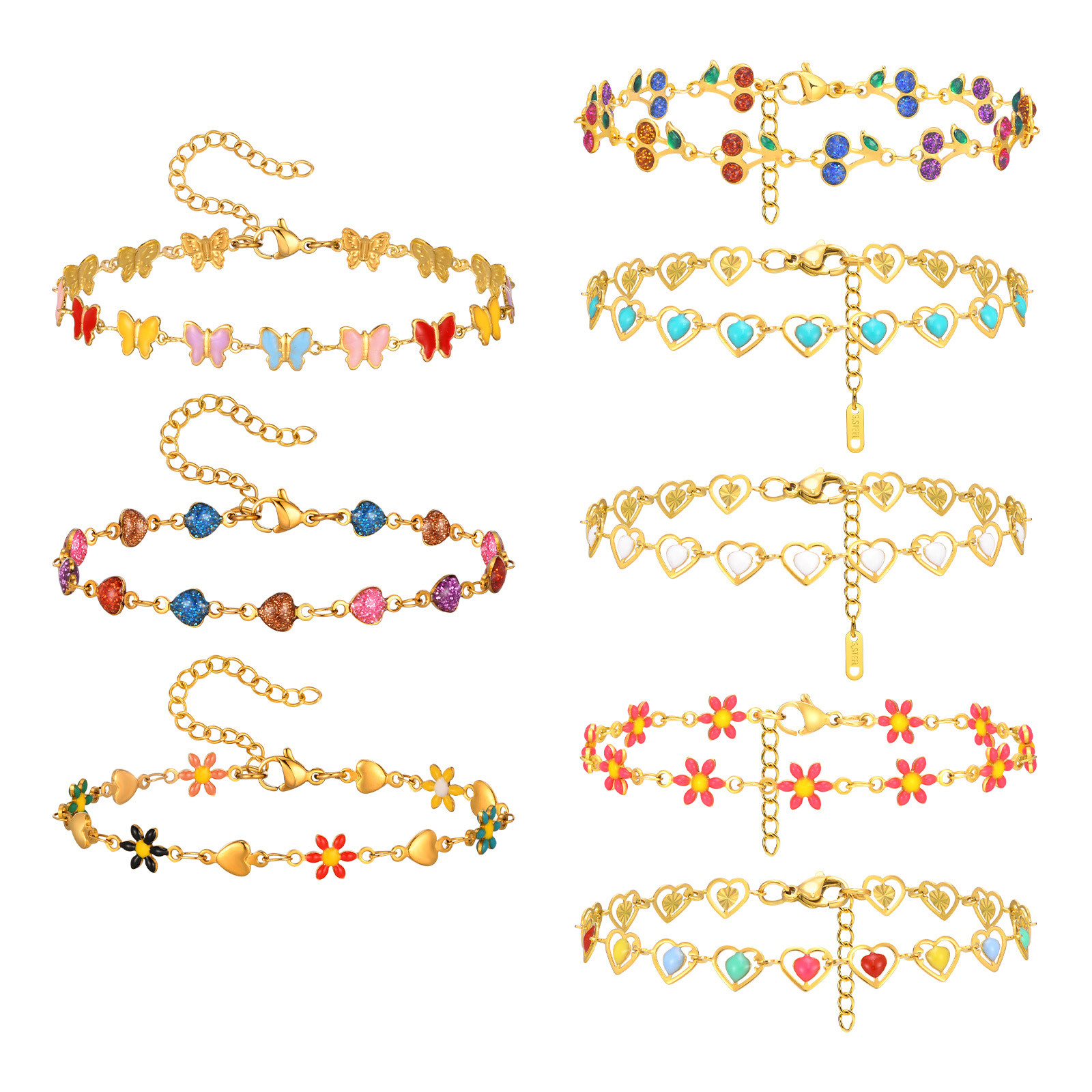 Women's Stainless Steel Drop White Oil Heart Shape Flower Cherry Colorful Bracelet Gold Accessories