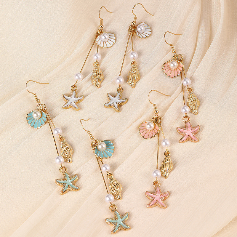 EZ5644 Summer Fresh Conch Shell Starfish Long Pearl Tassel Earrings Women's Accessories