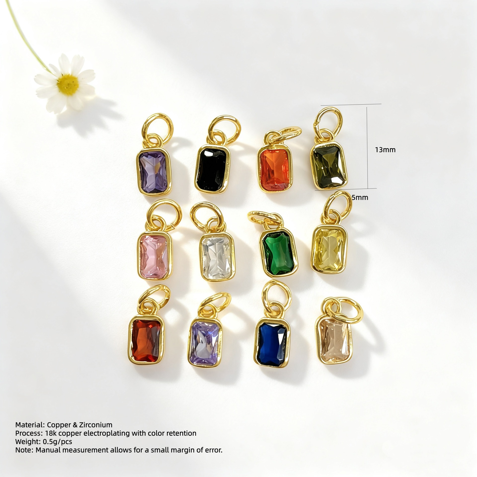 Niche simple colored zircon rectangular small pendant bracelet necklace earring pendant accessories materials handmade jewelry