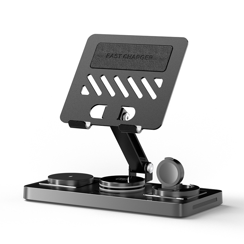 Desktop Multi-Functional Wireless Charger Foldable Rotatable 5-in-1 Wireless Charger with Tablet Metal Stand Retractable Cable