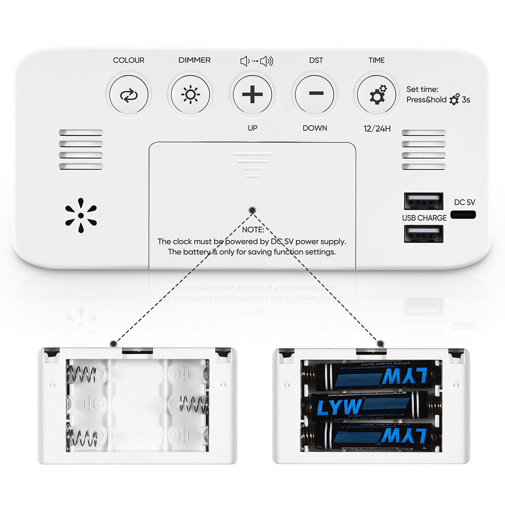 2020 RGB large character large screen large sound LED clock student alarm clock mirror clock table clock 15 color changing screen clock 10 minute alarm