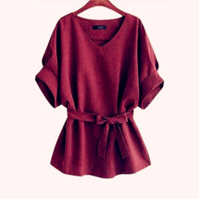 Summer Women's V-neck Linen Short Sleeve Shirt Batwing Sleeve Plus Size Loose Waist Cotton-linen Top