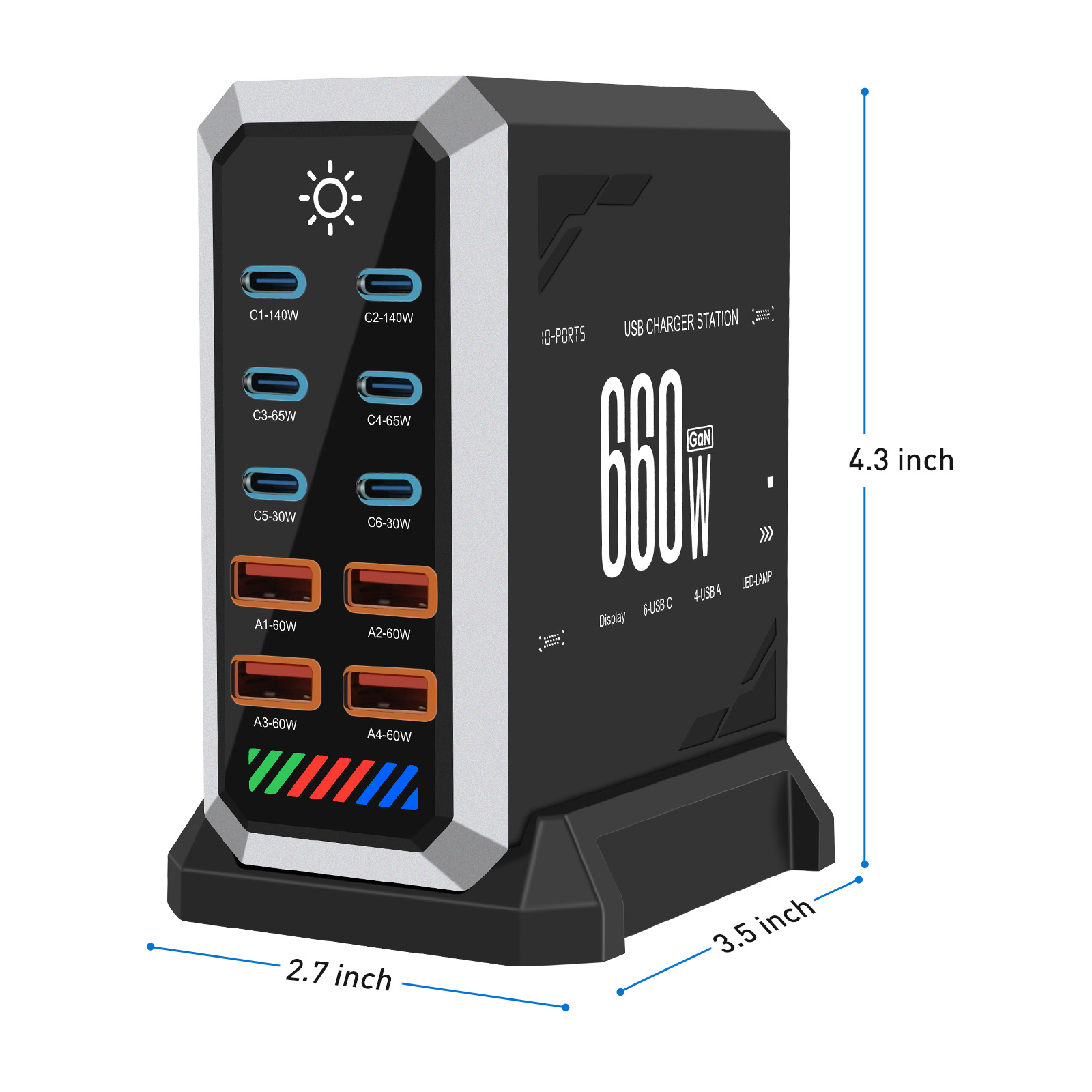 Multi-port USB charger GaN charging hub charging head multi-port fast charging 660W high power desktop charging station