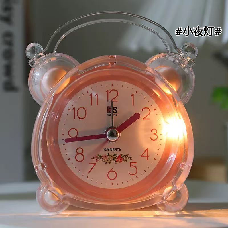 Cute Crystal Transparent Alarm Clock with Night Light for Children and Students, Bedroom Dormitory Desktop Clock