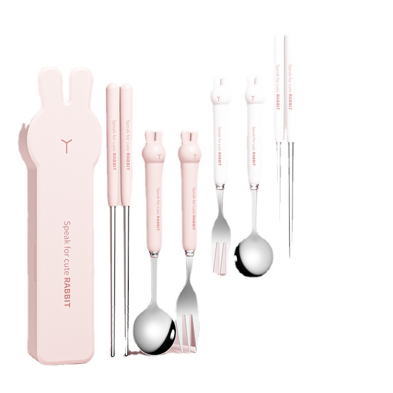 Stainless steel portable tableware three-piece set, student travel office worker cute chopsticks spoon fork set