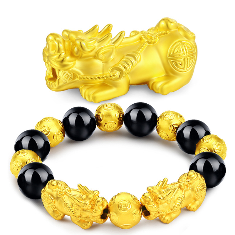 Vietnam sand gold Pixiu bracelet men and women original design imitation gold Pixiu black obsidian bracelet