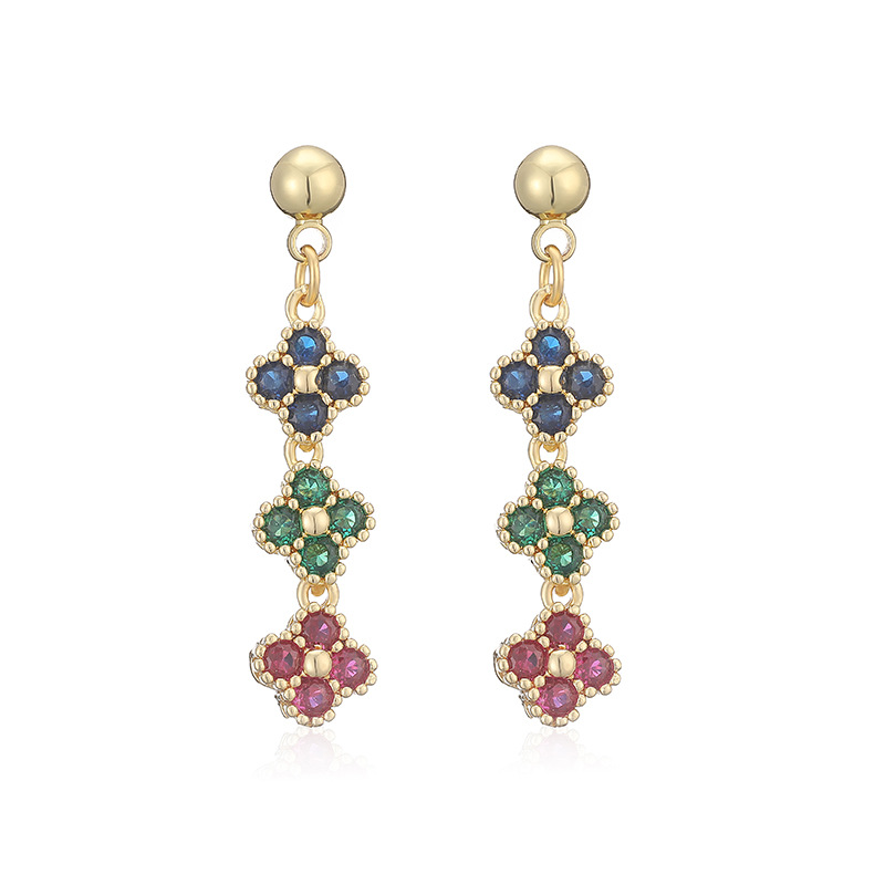 Copper Inlaid Colorful Diamond Four-Leaf Clover Stud Earrings Unique Flower Petal Earrings