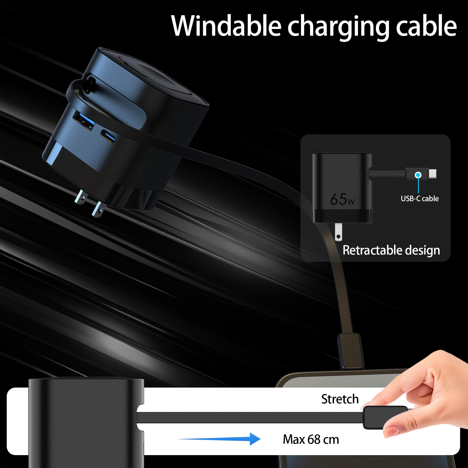 New PD65W GaN Charger Retractable Cable Charger for Apple Huawei Phone Charging Head