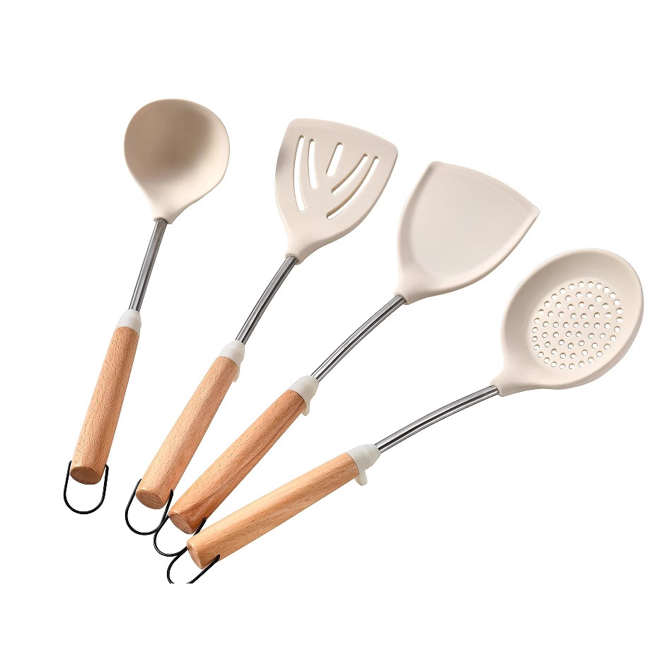 Wooden handle iron ring silicone kitchen utensils Aituosi wooden handle iron ring slotted spatula soup spoon Chinese spatula strainer food grade silicone