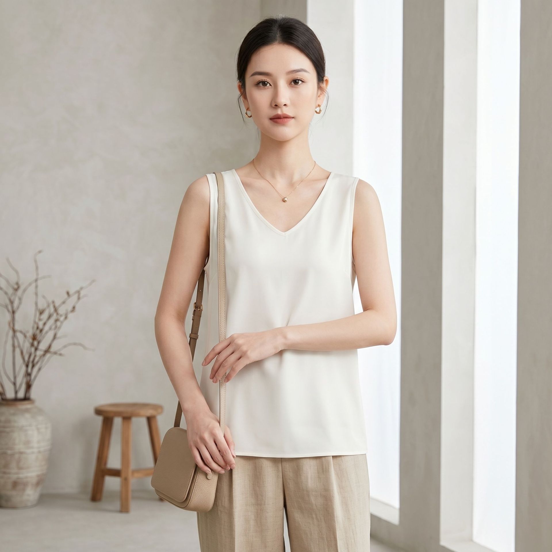 New Sandwashed Double Crepe Silk Vest for Women Casual Inner Wear Pullover Base Layer Loose Mulberry Silk Sleeveless V-Neck Top