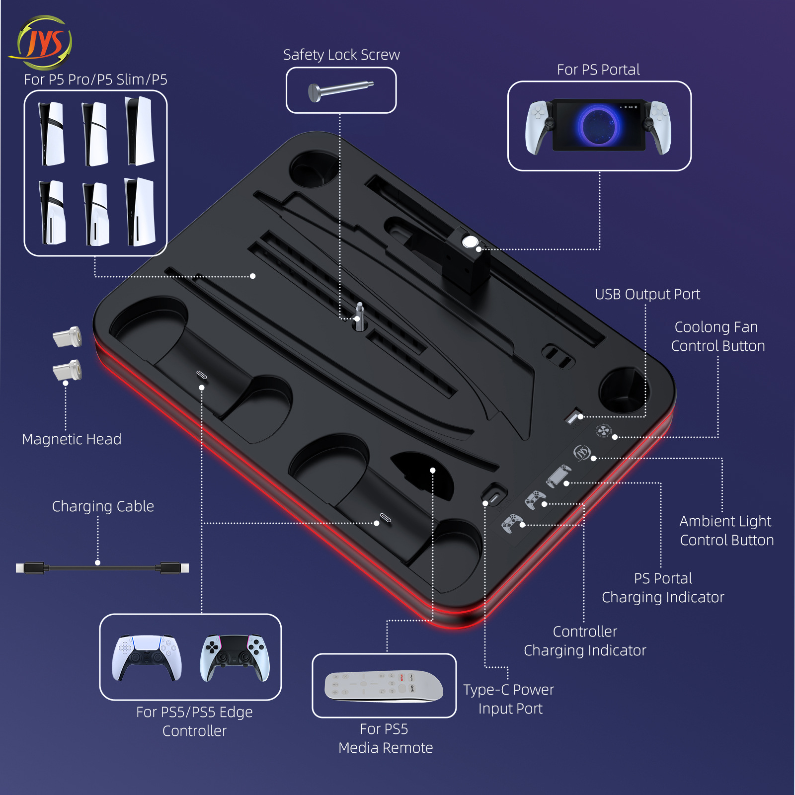 PS5/PS5 Slim multifunctional heat dissipation storage base with headphone holder with RGB colorful light JYS-P5225