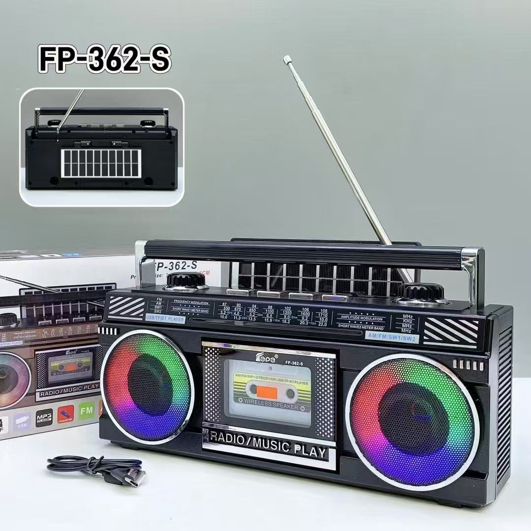 New FP-362-S Solar Bluetooth Speaker Dual Speaker Colorful Light Four-band Tuning Antenna Radio