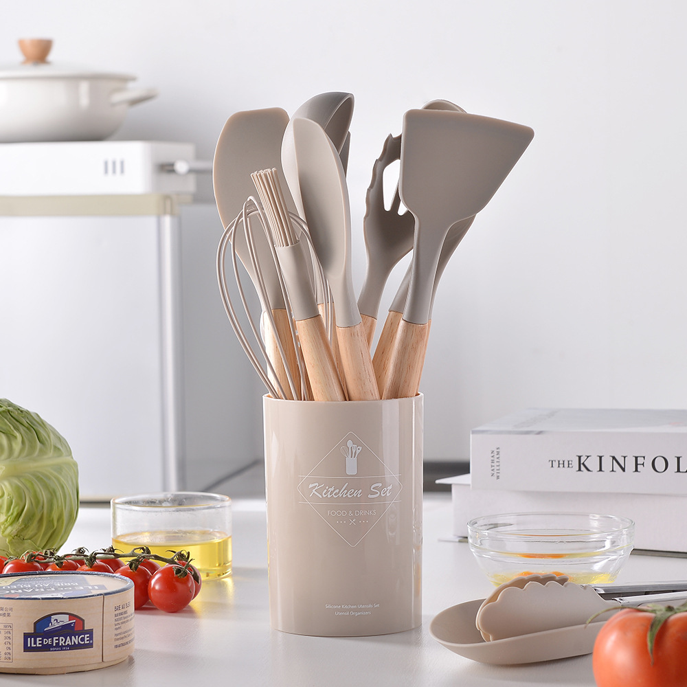 Light Version 750g Silicone Kitchen Utensil Set Wooden Handle 14-Piece Set Kitchen Tools Cooking Spatula Spoon Set 14-Piece Set