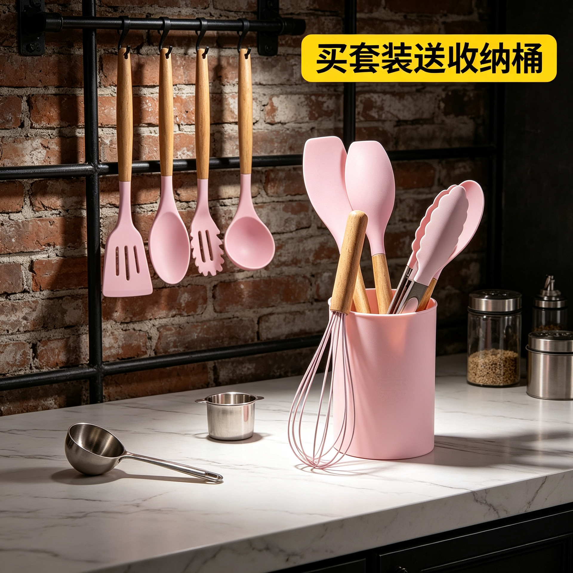 Wood handle silicone kitchen tool 12-piece set with storage bucket, food-grade high-temperature resistant, non-stick pan specific kitchen tools