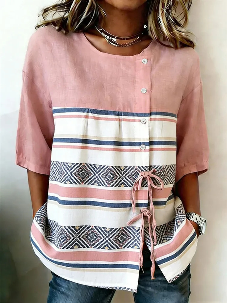 2026 New Summer Women's Top Printed Casual Short Sleeve Drawstring Bow Blouse