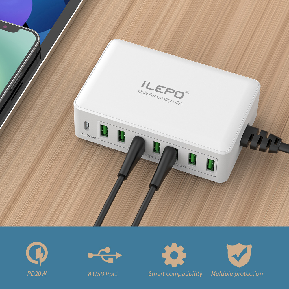 i60-60W Fast Charger Portable Smart Charger USB Multi-Port Desktop Multi-Device Charger