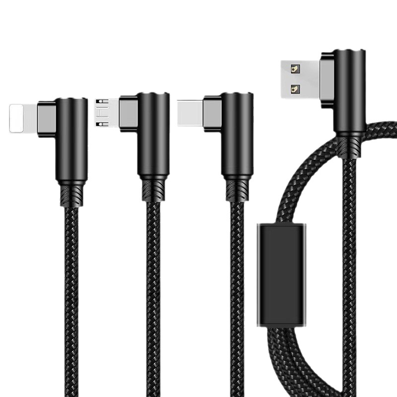 Dual bent head mobile game data cable for Apple Huawei type-c cotton braided phone fast charging cable 3-in-1