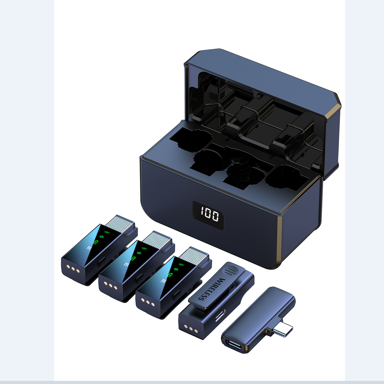 One-to-Four Wireless Lavalier Microphone Mobile Live Streaming Conference Interview Noise Reduction Mic with Digital Display Charging Case
