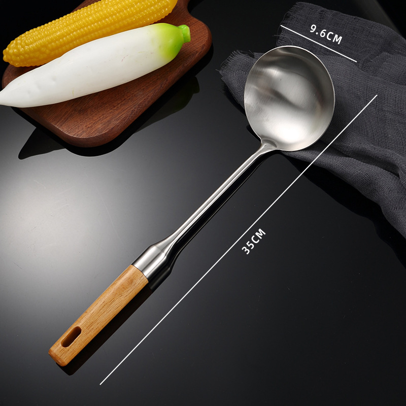304 stainless steel spatula spoon beech wood wok spatula soup spoon anti-scald chef spoon spatula Shuangli wooden handle set long handle