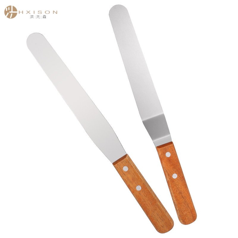 Wooden handle cake spatula, curved straight cream spatula, stainless steel cake knife, scraper, piping knife, 4-12 inch