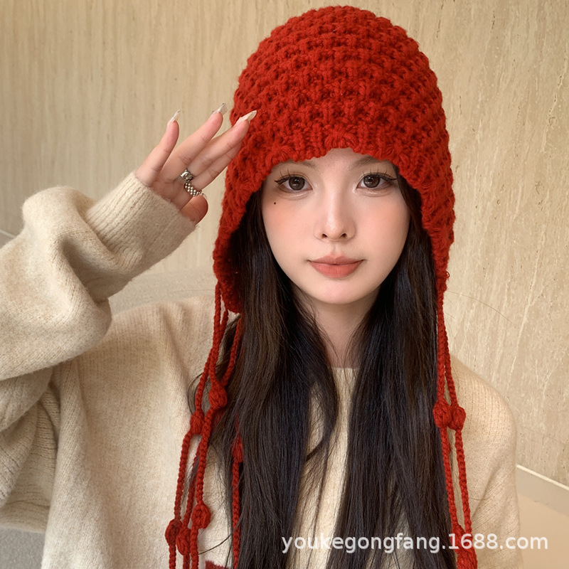 Hat Handwoven Tassel Knit Hat Women Autumn Winter New Warm Ear Protection Large Head Circumference Face Slimming Wrap Hat