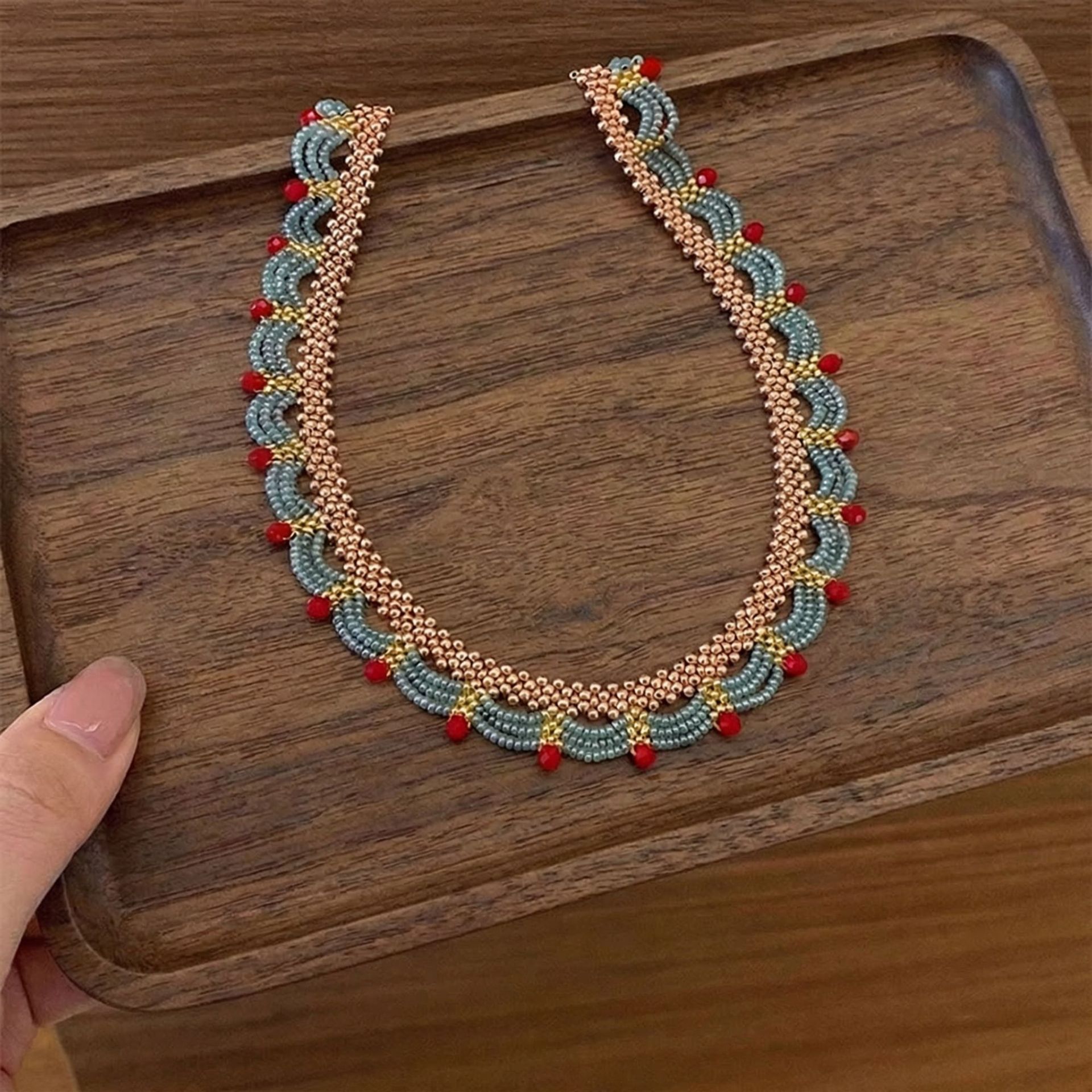 New Chinese Style Spring Summer Lace Red Blue Contrast Beaded Necklace Women National Style Accessories Choker Multi-layer Necklace