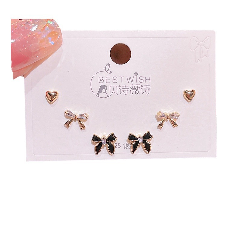 Wind real gold electroplated copper-set zircon 6 pieces three pairs of small earrings collection, earring accessories