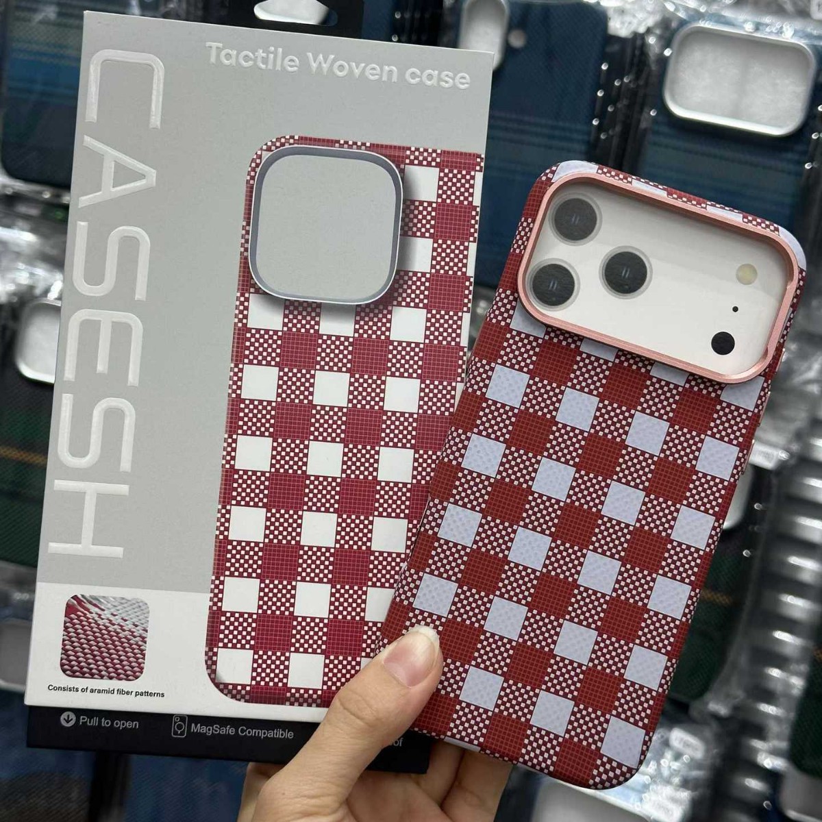 For iPhone 17 Pro Max Large Hole Houndstooth Phone Case Apple 16 Built-in Magnetic Woven Texture 15 Hard Case