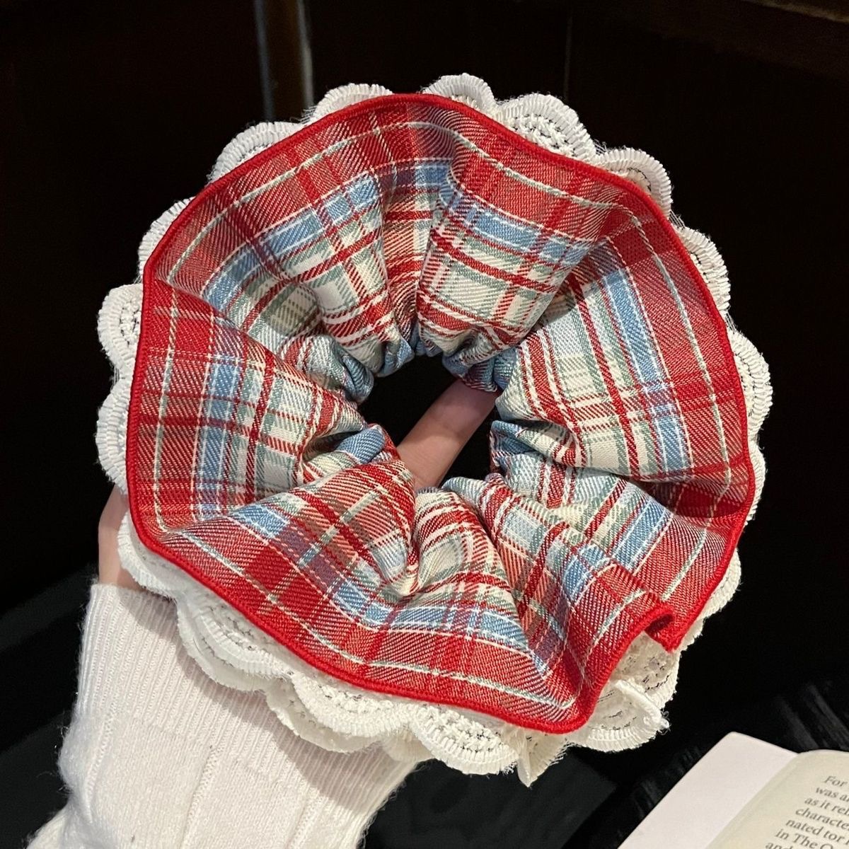 8#复古红蓝撞色格纹四层蕾丝发圈约16cm