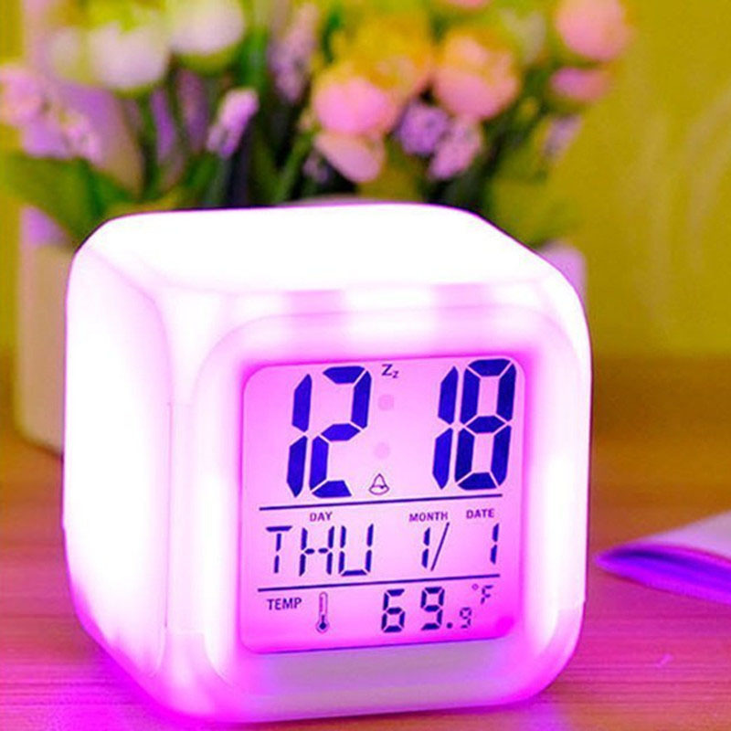 Multifunctional colorful color-changing square clock LED luminous clock children's alarm clock silent electronic alarm clock