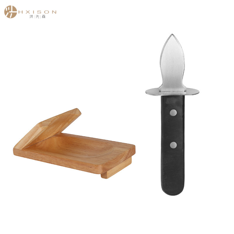 Stainless steel oyster knife, oyster knife, oyster knife, scallop knife, thick blade kitchen shell opener, wooden oyster stand