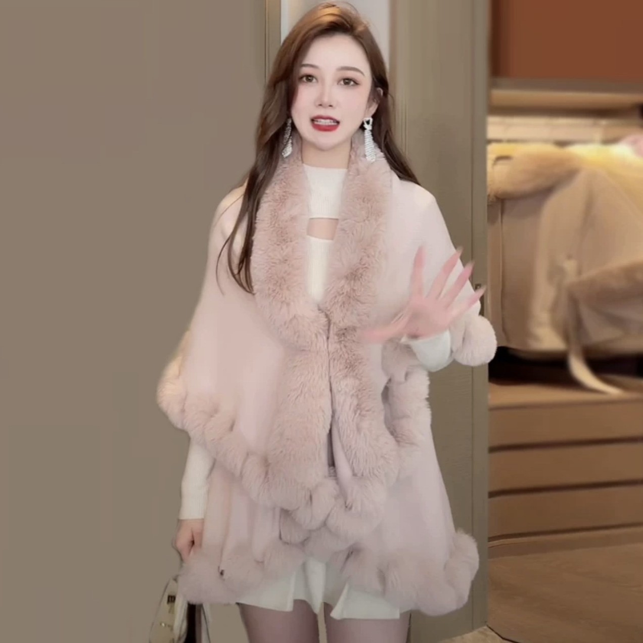 Live Supply Autumn Winter New Imitation Rex Rabbit Fur Collar Cape Shawl Plus Size Knitted Cardigan Loose Coat Women