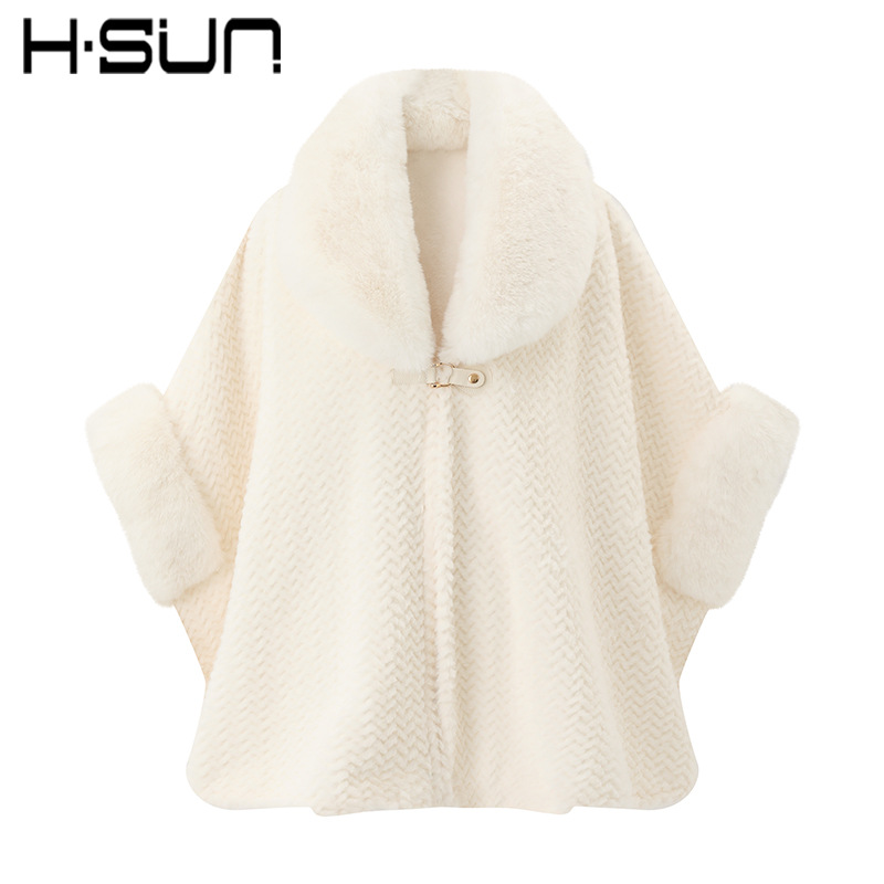 Solid Color Large Fur Collar Cape Coat Plush Thick Warm Mid-Length Loose Cape Cardigan