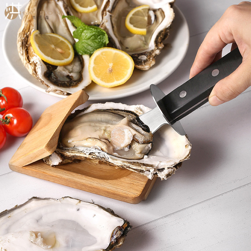 Stainless steel oyster knife, oyster knife, oyster knife, scallop knife, thick blade kitchen shell opener, wooden oyster stand